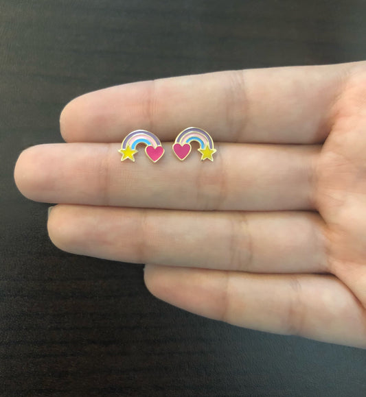 14k Gold Enamel Rainbow Earrings Studs with Push Backs