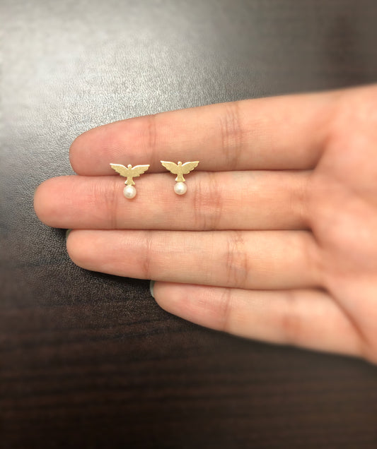 Holy Spirit Dove White Pearl 18k Solid Gold Butterfly Back Stud Earrings Girls