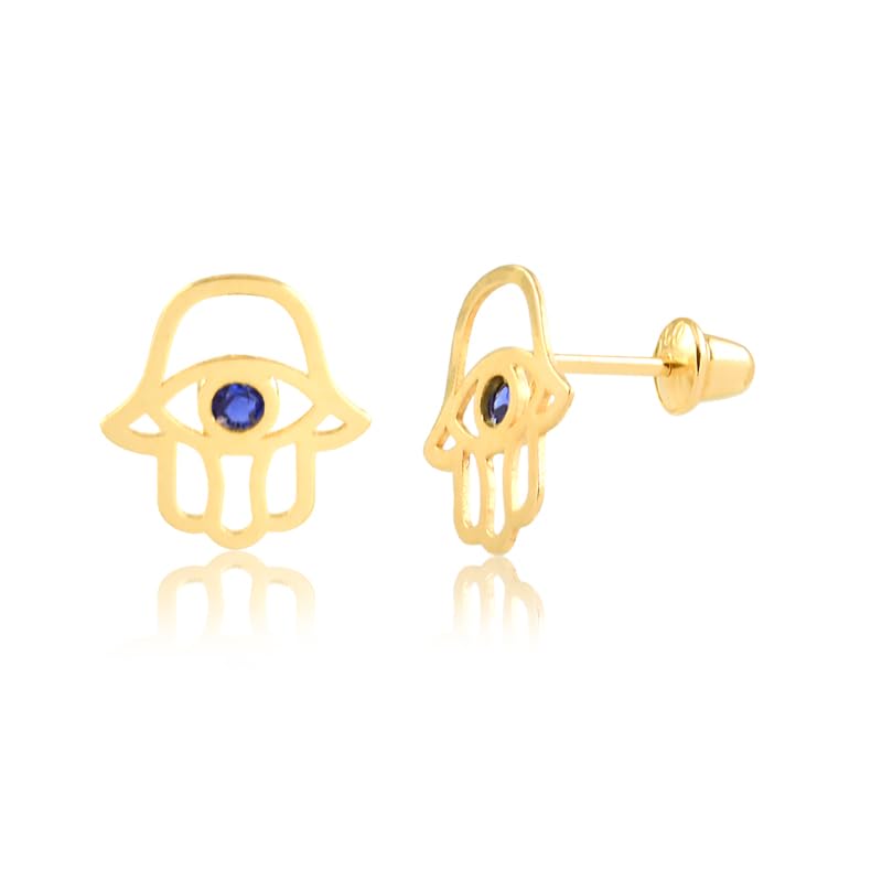 Hamsa 14k Solid Yellow Gold Earrings | Red Cubic Zirconia CZ, pushbacks, or Butterfly Stud Earrings