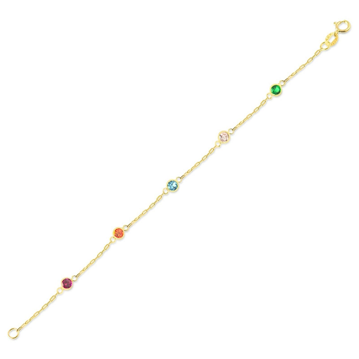 18K Solid Gold Rainbow CZ Bracelet Dainty Multi-Color Cubic Zirconia Chain with Ring Clasp for Women or Teens