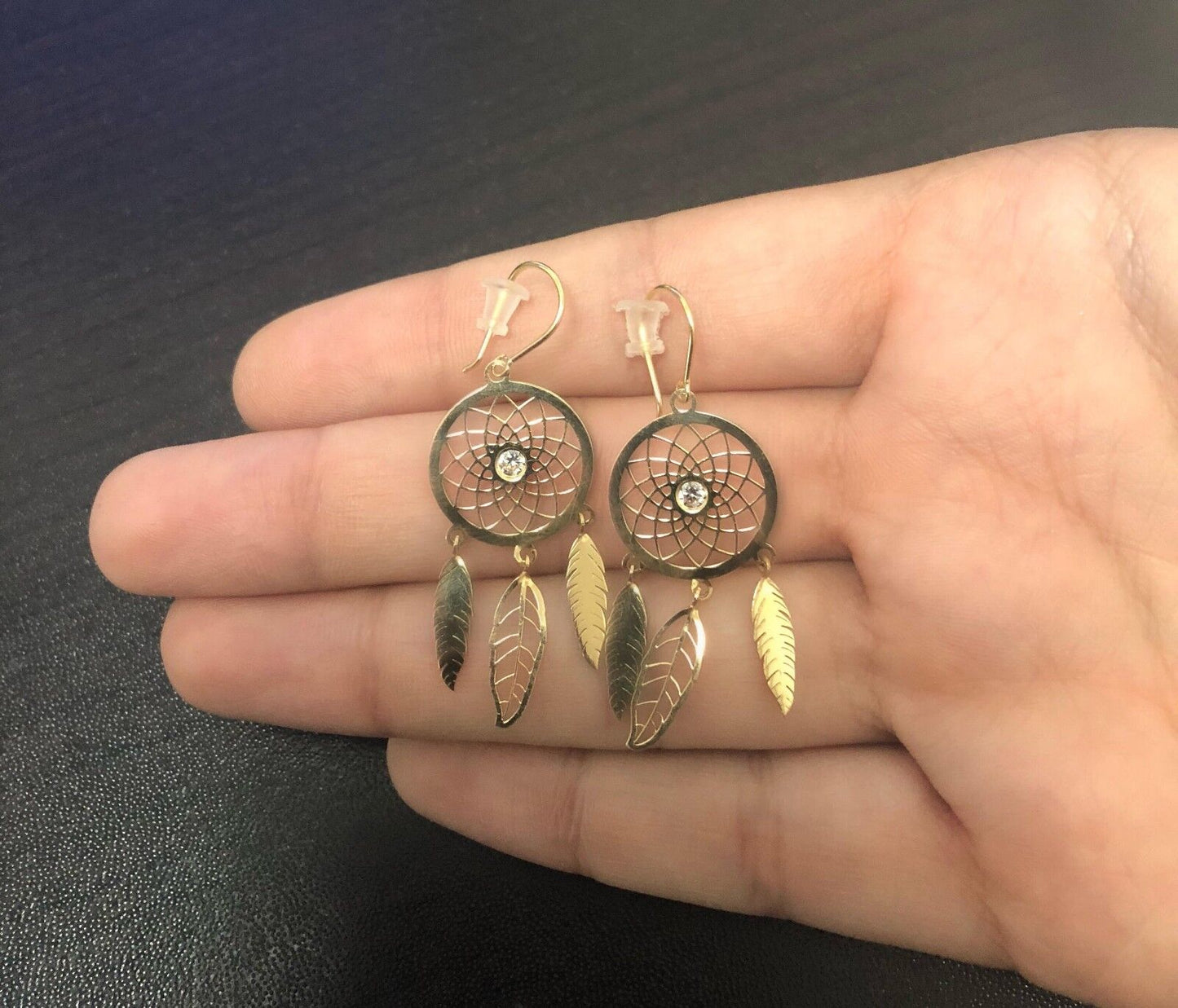 Dream Catcher 18k Solid Yellow Gold Cubic Zircon Hook Drop Dangle Earrings