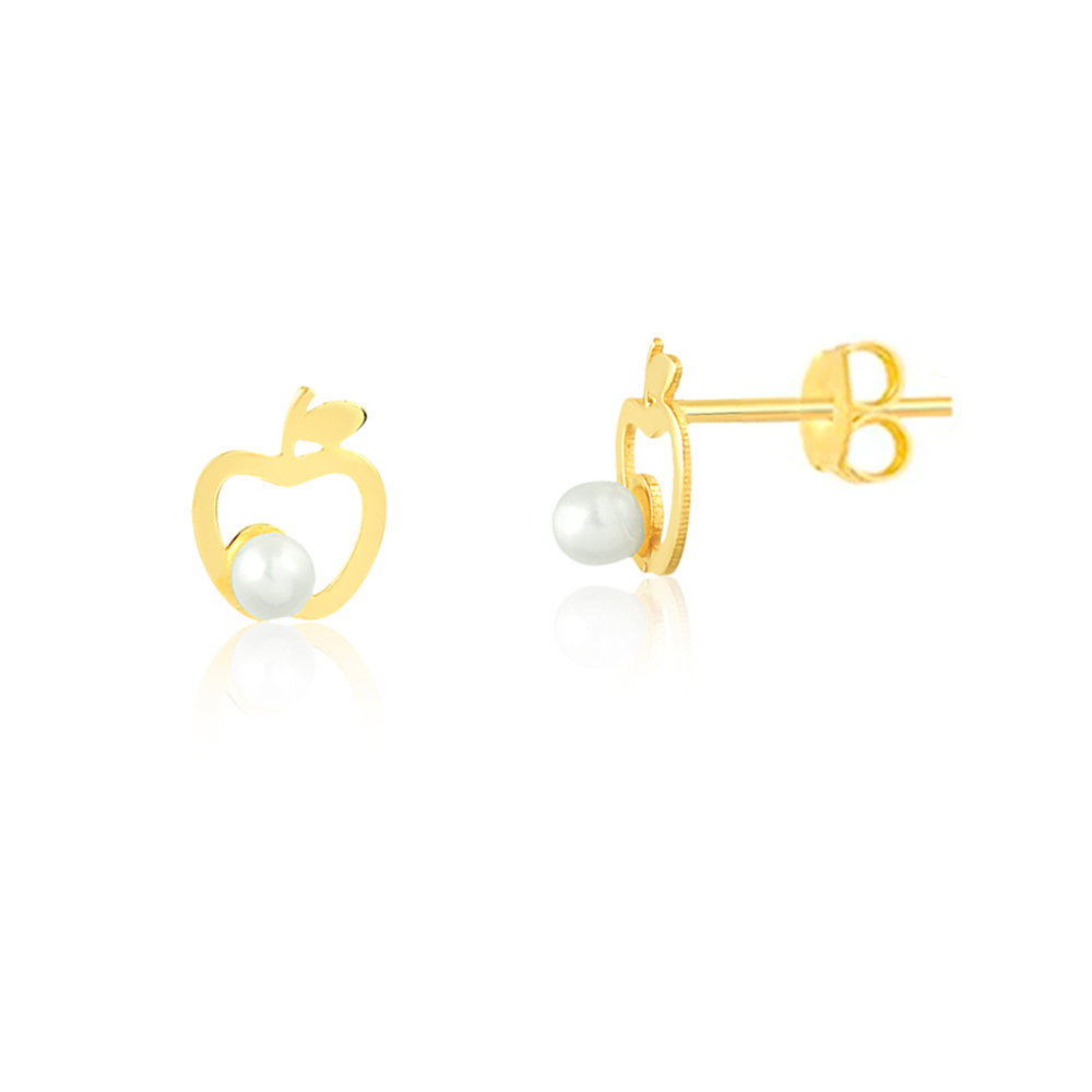 18k Gold Apple & Pearl Earrings Push Back Gift Small Jewelry