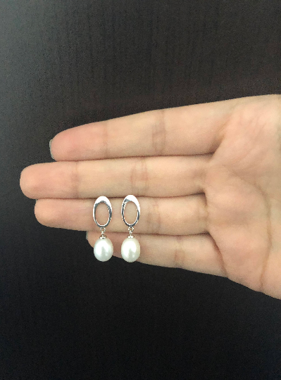 Freshwater White Pearl Drop Dangle Earrings 18k Solid White Gold for Women