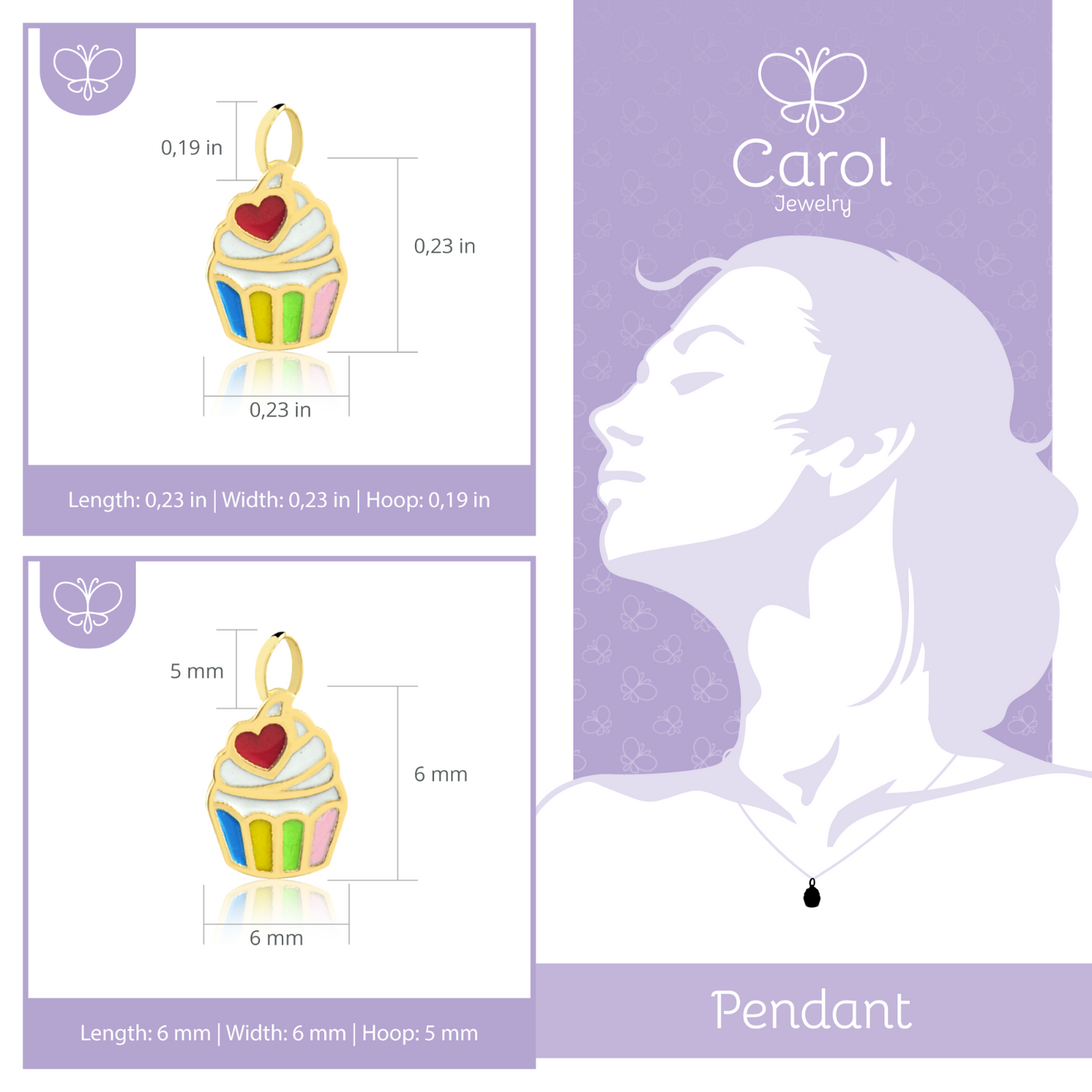 Cupcake 18k Solid Gold Enamel/Resin Charm charm for Chain Girls and Infants