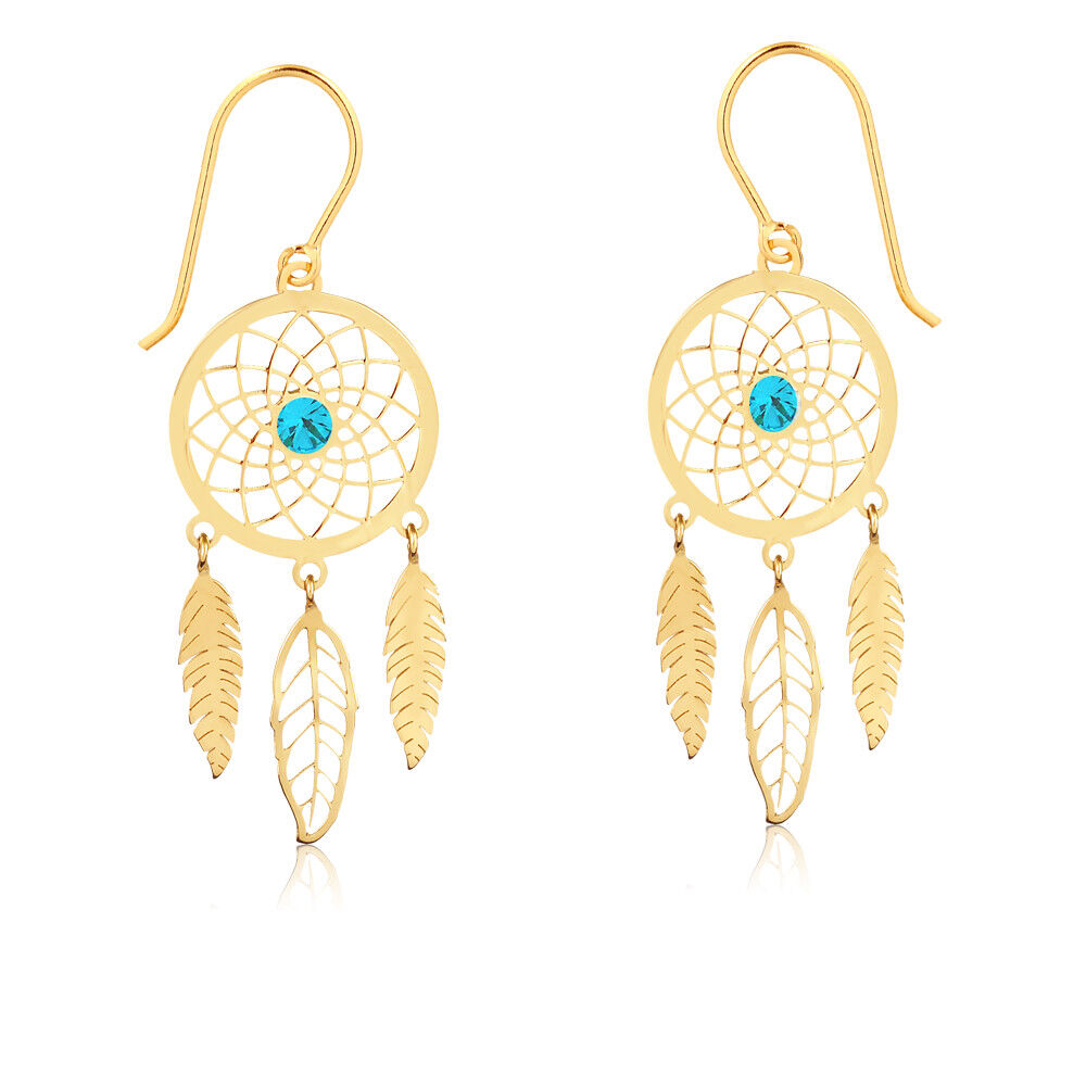 Dream Catcher 18k Yellow Gold Feather Blue Zircon Hook Drop Dangle Earrings