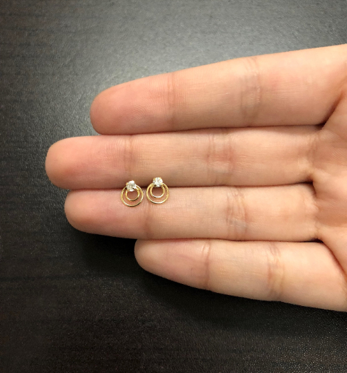 18k Solid Gold Double Circle Zircon Push Back Stud Earrings for Infants Toddlers