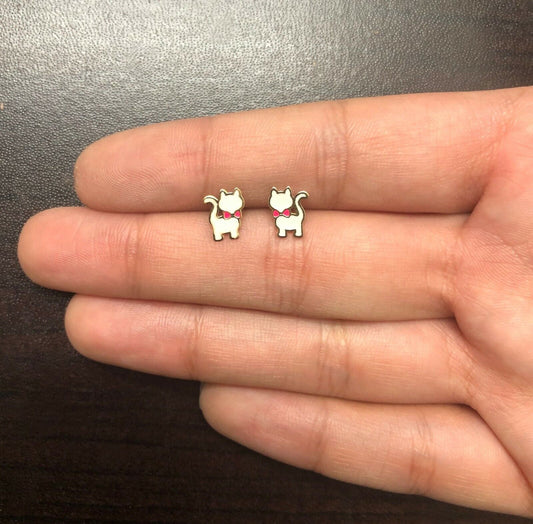 18k Gold Enamel Cat Studs with Red Bow | Cute Jewelry for Girls