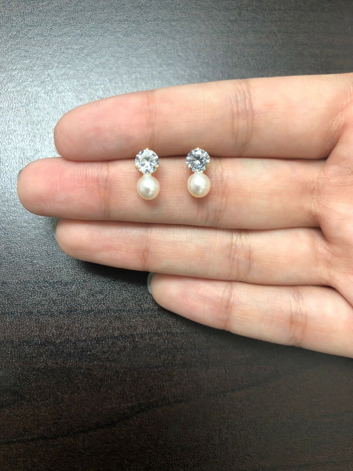 18K Solid Gold Pearl and CZ Stud Earrings Classic White Pearl with Sparkling Cubic Zirconia and Butterfly Backs for Girls or Teens
