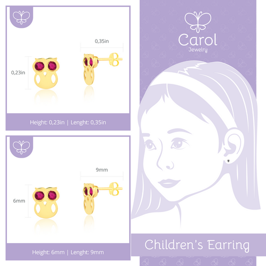 Owl Stud Earrings 14k Solid Gold Cubic Zirconia Butterfly Backs