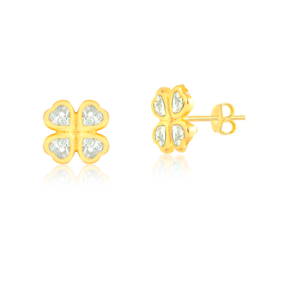 18K Solid Gold Clover Stud Earrings – Heart CZ Lucky Charm with Push Backs for Kids, Girls, or Toddlers
