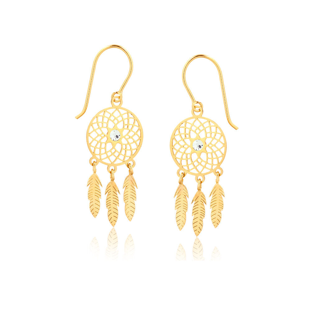 18K Yellow Gold Dreamcatcher Drop Earrings Boho Dangle Hook Earrings with CZ Accent for Women or Teens