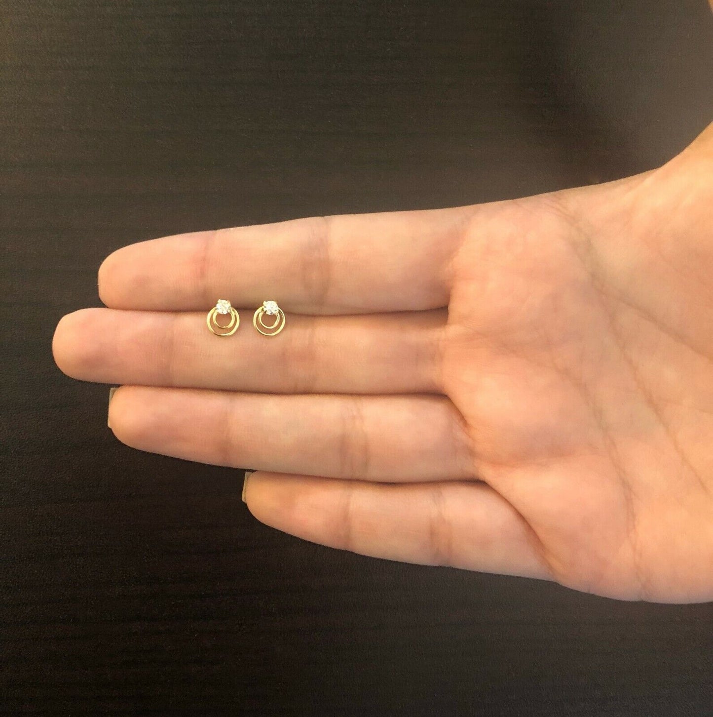 18k Solid Gold Double Circle Zircon Push Back Stud Earrings for Infants Toddlers