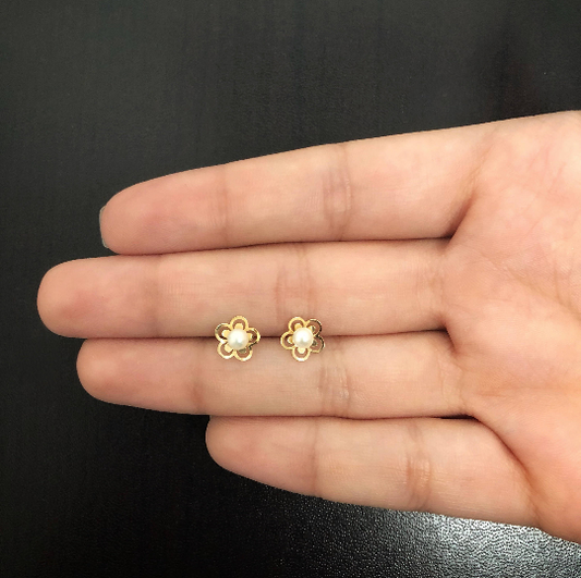 18k Solid Yellow Gold Flower Pearl Push Back Stud Earrings Toddlers Children