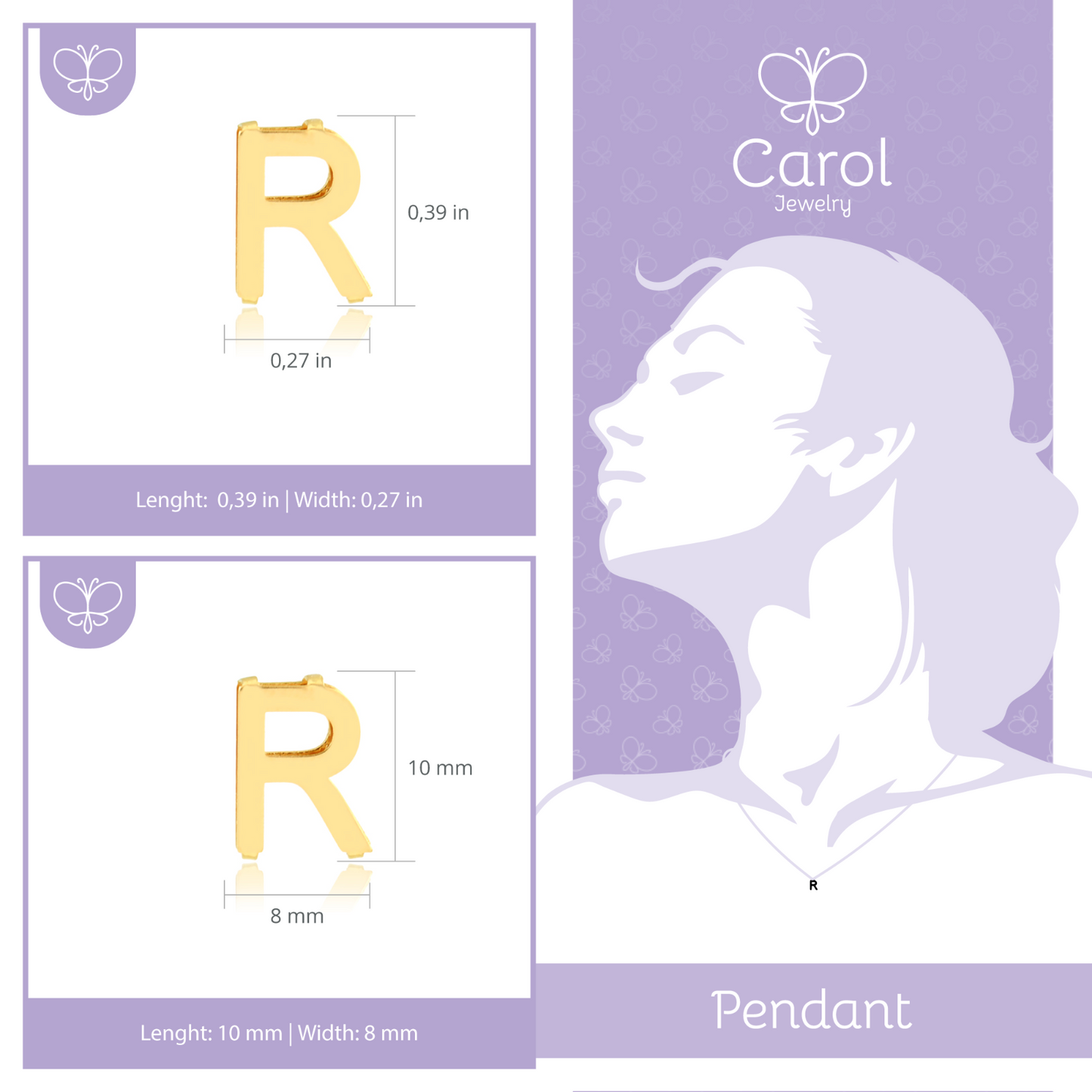 Letter R charm 18k Solid Yellow Gold pendant