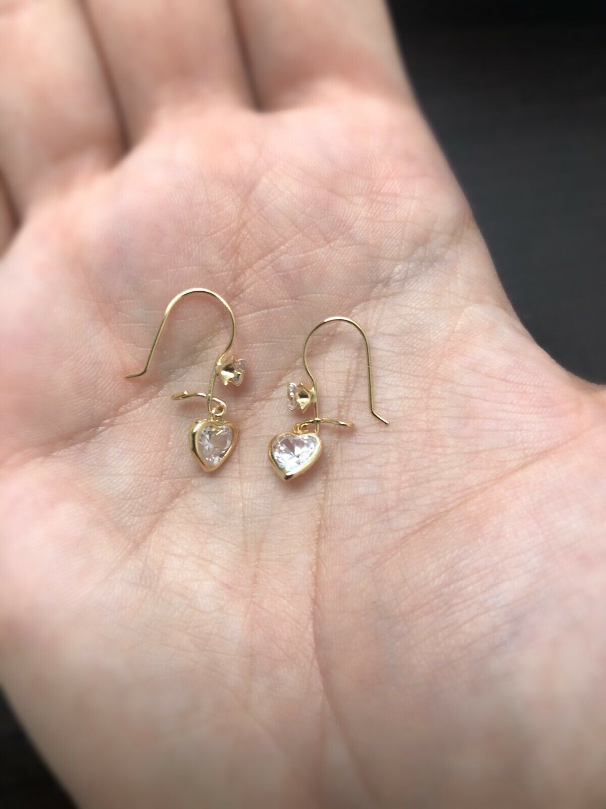 18k Solid Gold Heart CZ Drop Hook Earrings for Women & Teens