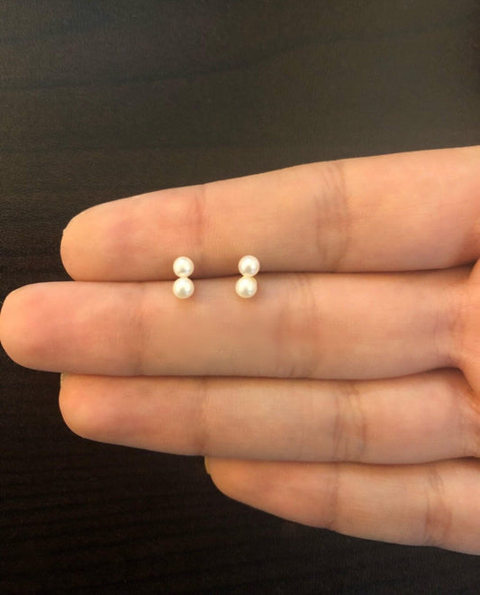 18k Gold Double Pearl 3 mm Push Backs Stud Earrings for Babies and Little Girls
