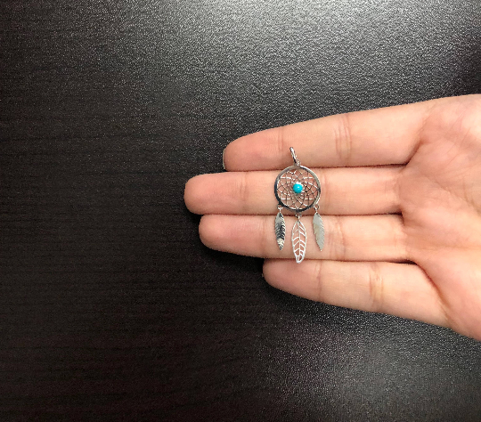 Dream Catcher Turquoise Stone 18k Solid White Gold charm for Chain