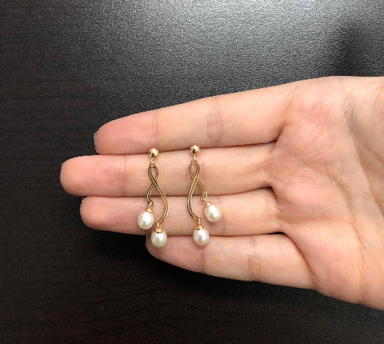 Double Cuff Freshwater Pearl Drop Dangle 18k Solid Yellow Gold Women Earrings
