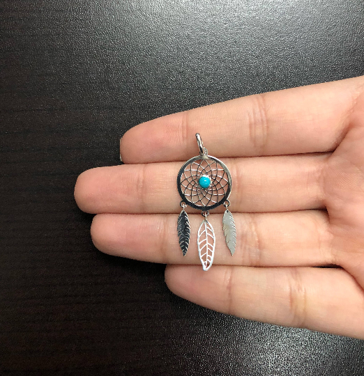 Dream Catcher Turquoise Stone 18k Solid White Gold charm for Chain