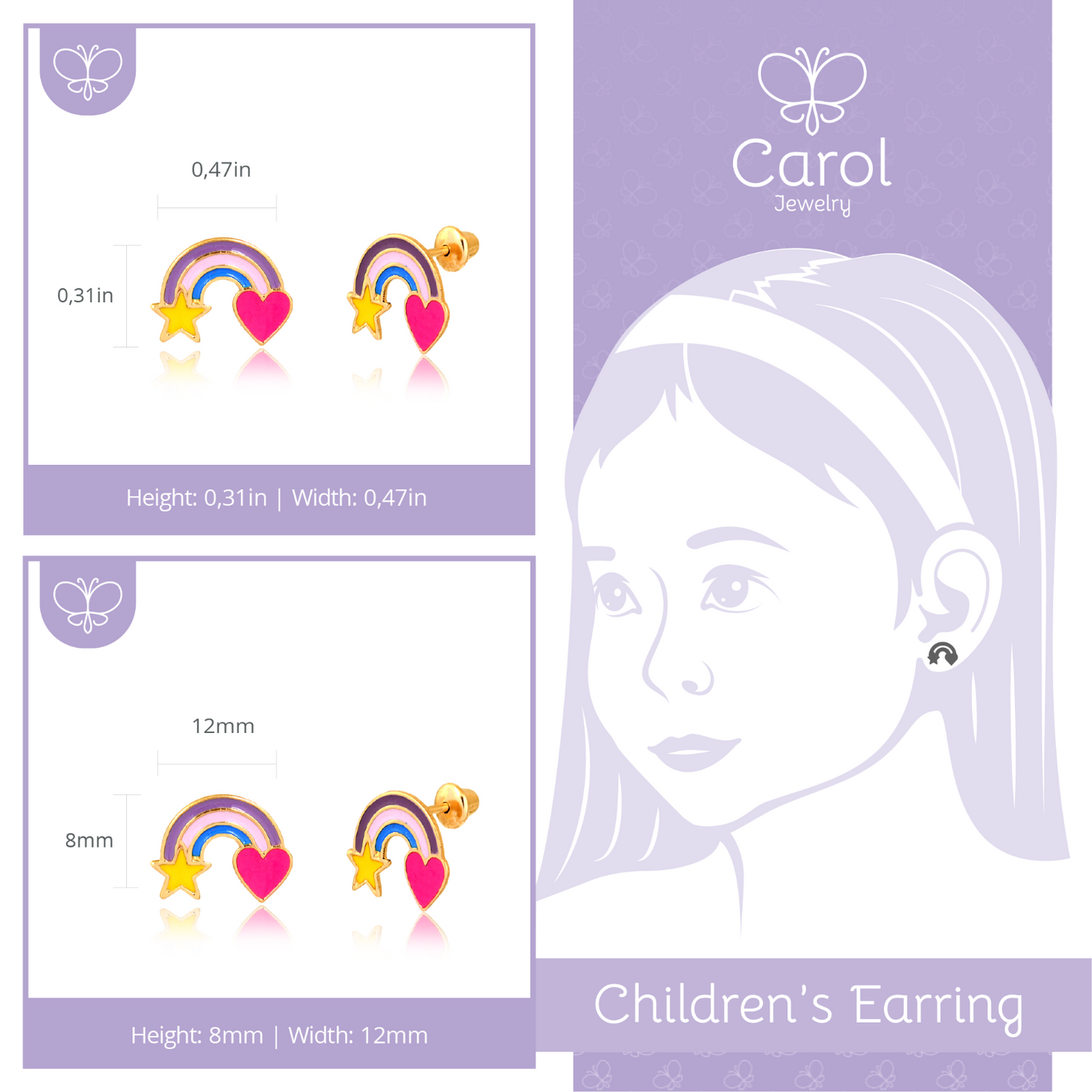 14k Gold Enamel Rainbow Earrings Studs with Push Backs