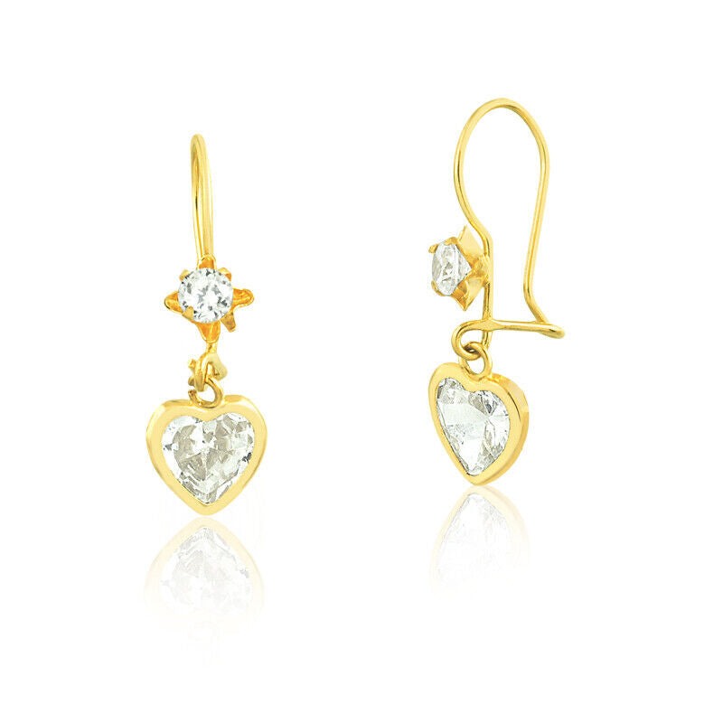 18k Solid Gold Heart CZ Drop Hook Earrings for Women & Teens