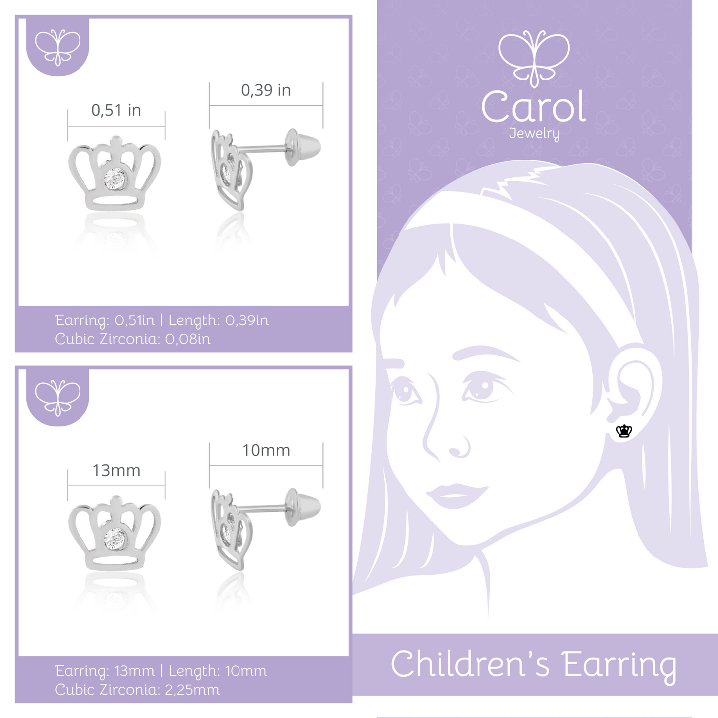 Crown 18k Solid White Gold Zircon Screw Back Stud Earrings Toddlers Children