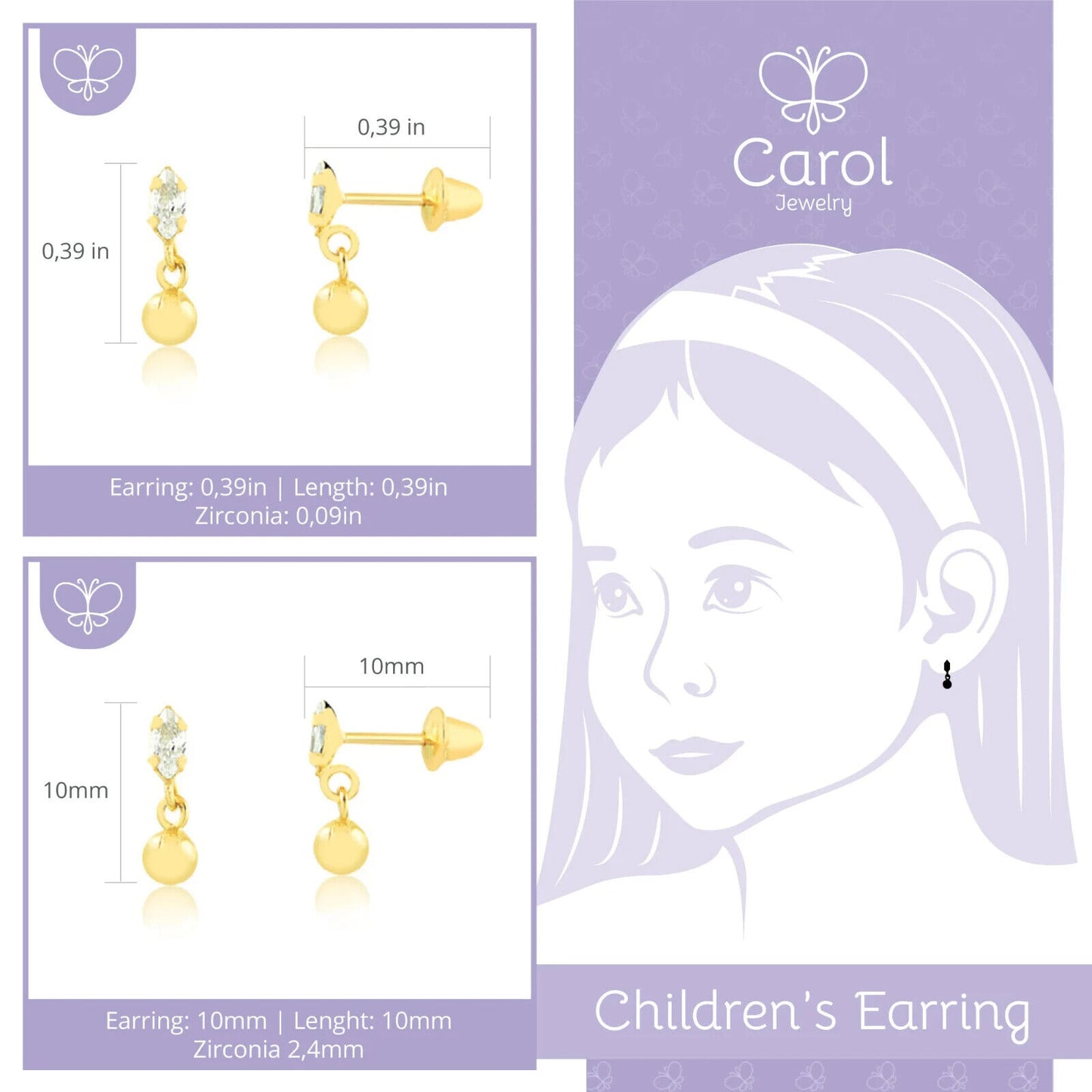 18k Solid Gold Drop Ball with Zircon Push Backs Drop Earrings for Babies Infants