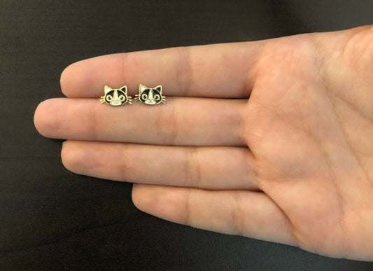 14k Gold Cat Face Earrings Enamel Studs with Backs