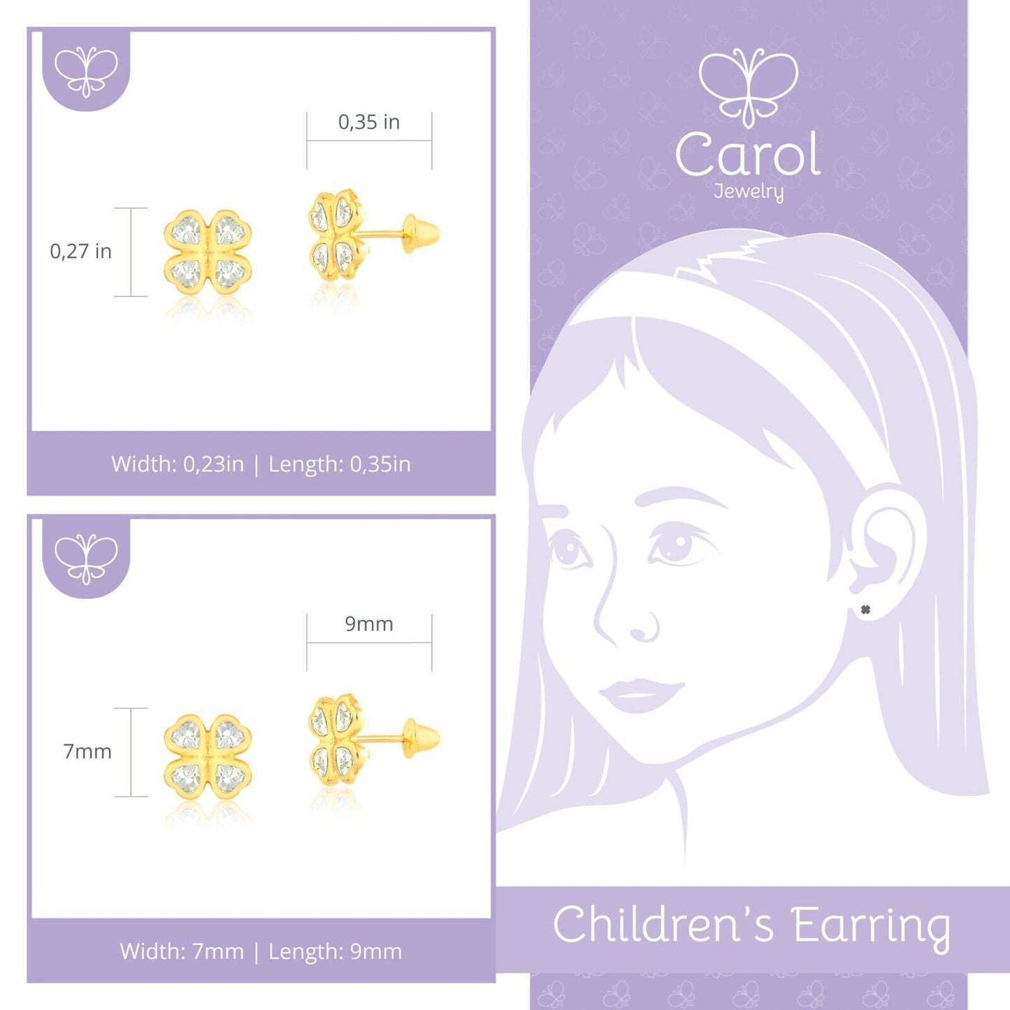 18K Solid Gold Clover Stud Earrings – Heart CZ Lucky Charm with Push Backs for Kids, Girls, or Toddlers