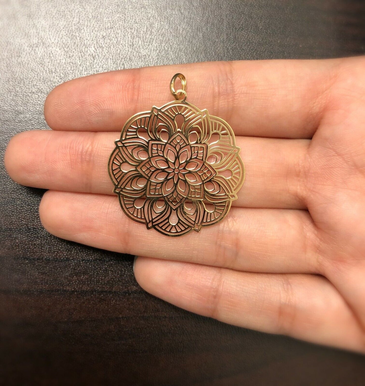18k Solid Yellow Gold Circle Mandala Shaped charm for Chain for Women
