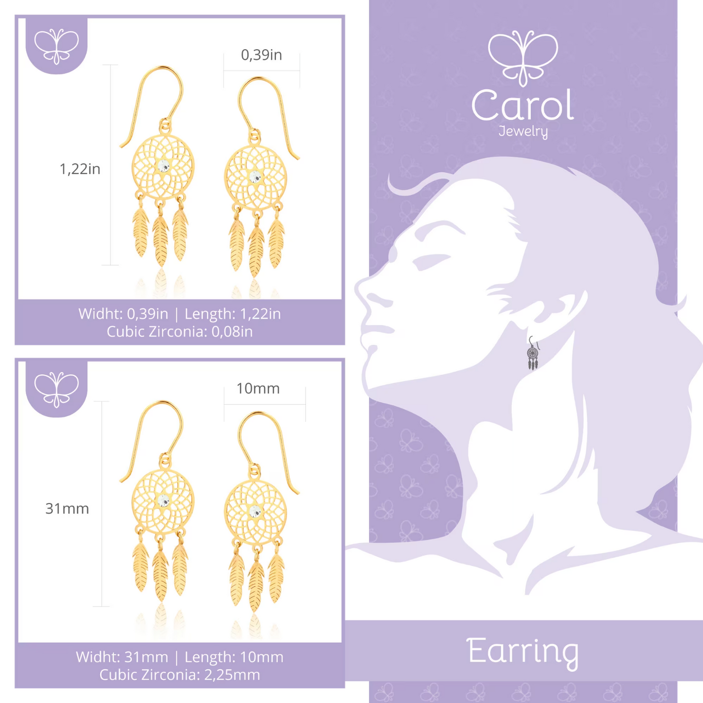 18K Yellow Gold Dreamcatcher Drop Earrings Boho Dangle Hook Earrings with CZ Accent for Women or Teens