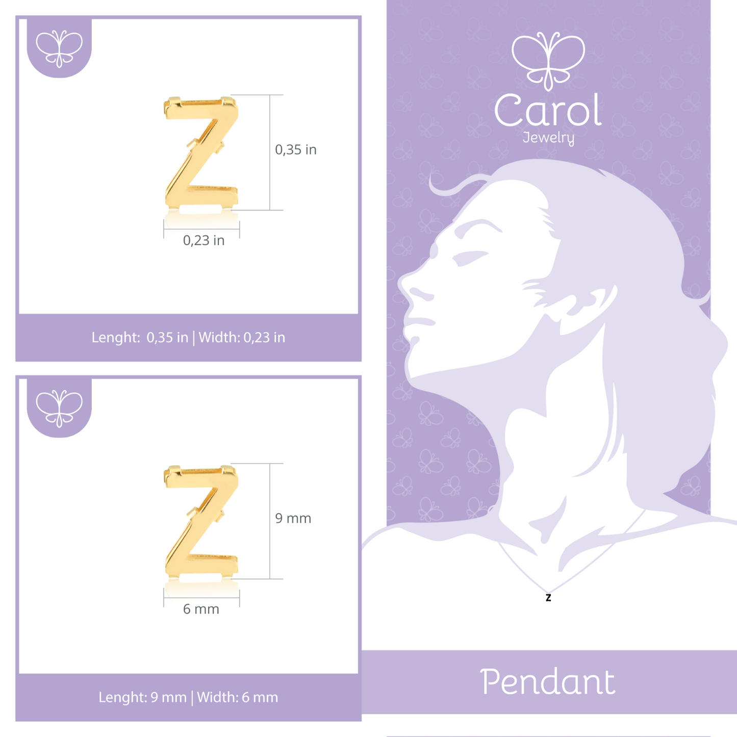 Letter Z charm 18k Solid Yellow Gold pendant