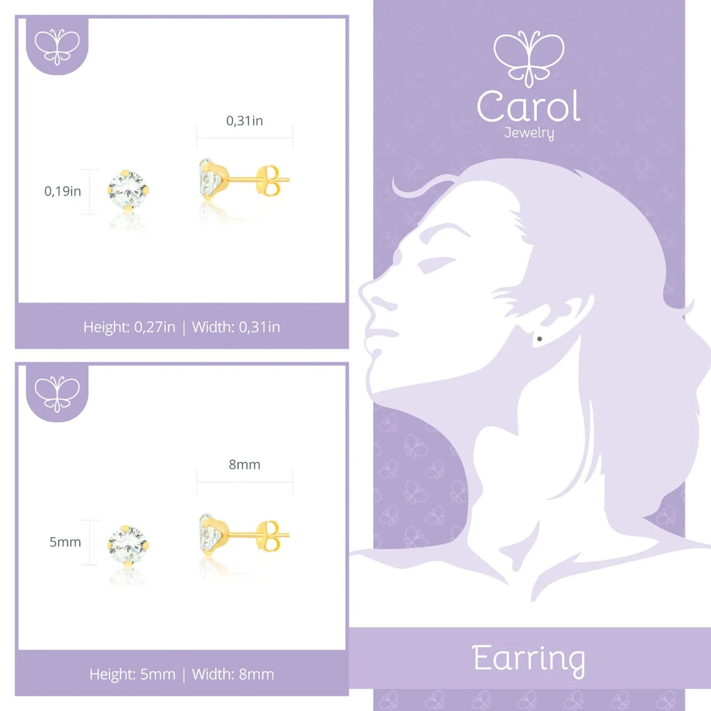 18k Solid Gold 5 mm Cubic Zircon Butterfly Backs Stud Earrings for Children