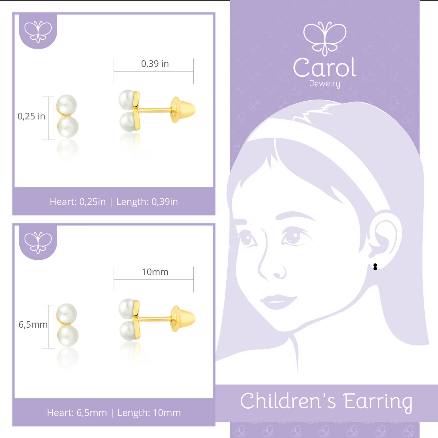 18k Gold Double Pearl 3 mm Push Backs Stud Earrings for Babies and Little Girls