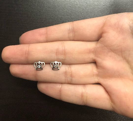 Crown 18k Solid White Gold Zircon Screw Back Stud Earrings Toddlers Children