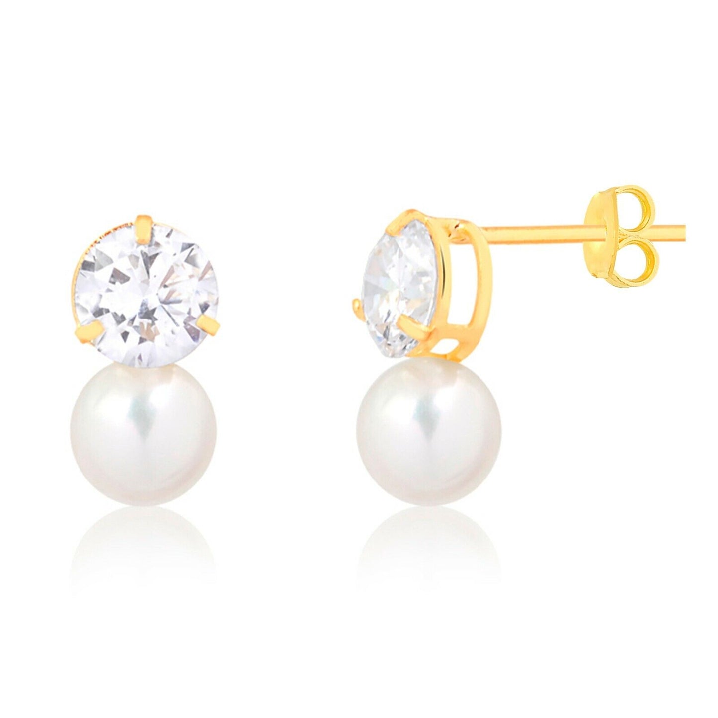 18K Solid Gold Pearl and CZ Stud Earrings Classic White Pearl with Sparkling Cubic Zirconia and Butterfly Backs for Girls or Teens