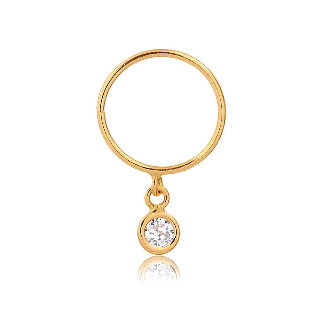 18k Solid Gold Drop Dangle Zircon 3 mm Cartilage Hoop Ring Ear Piercing for Teen