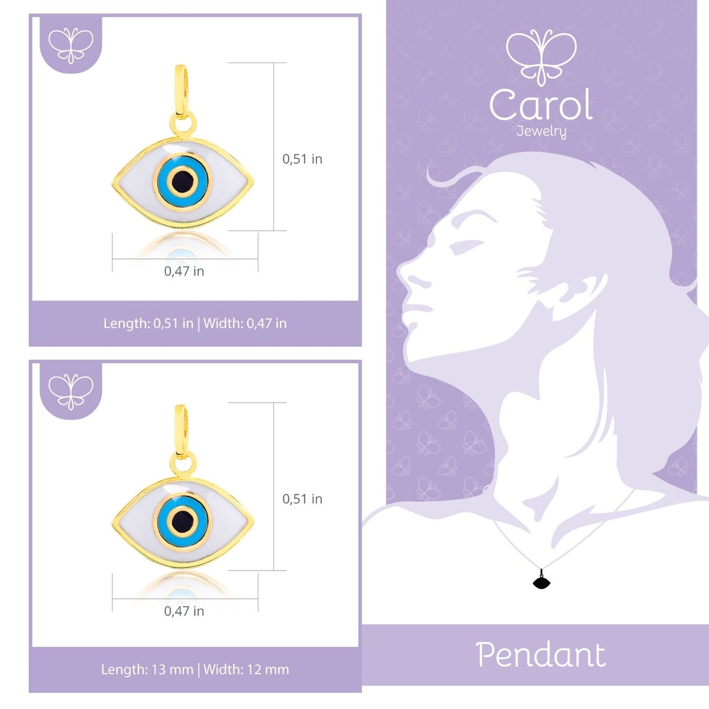 Enamel Evil Eye charm 18k Solid Gold charm for Chain for Teens and Women