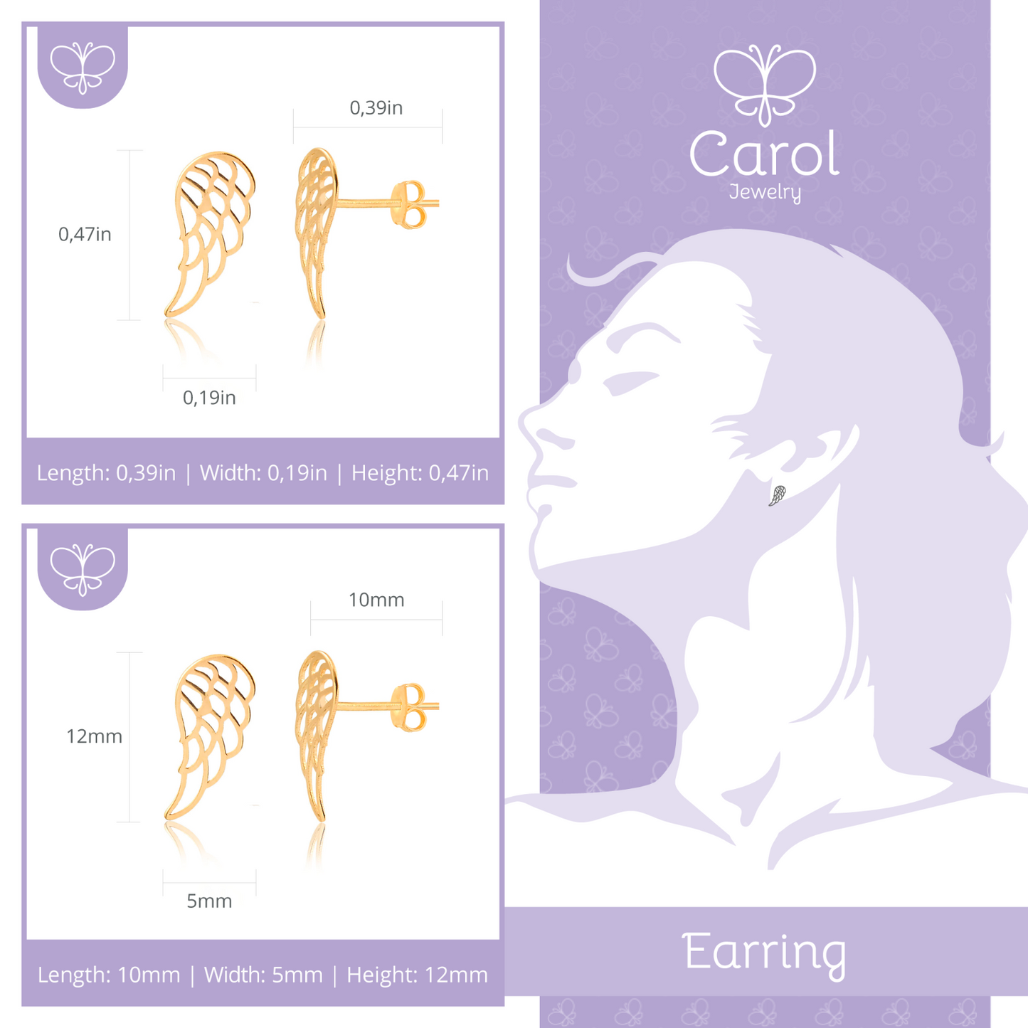 14k Solid Yellow Gold Wing Stud Earrings Butterfly Backs