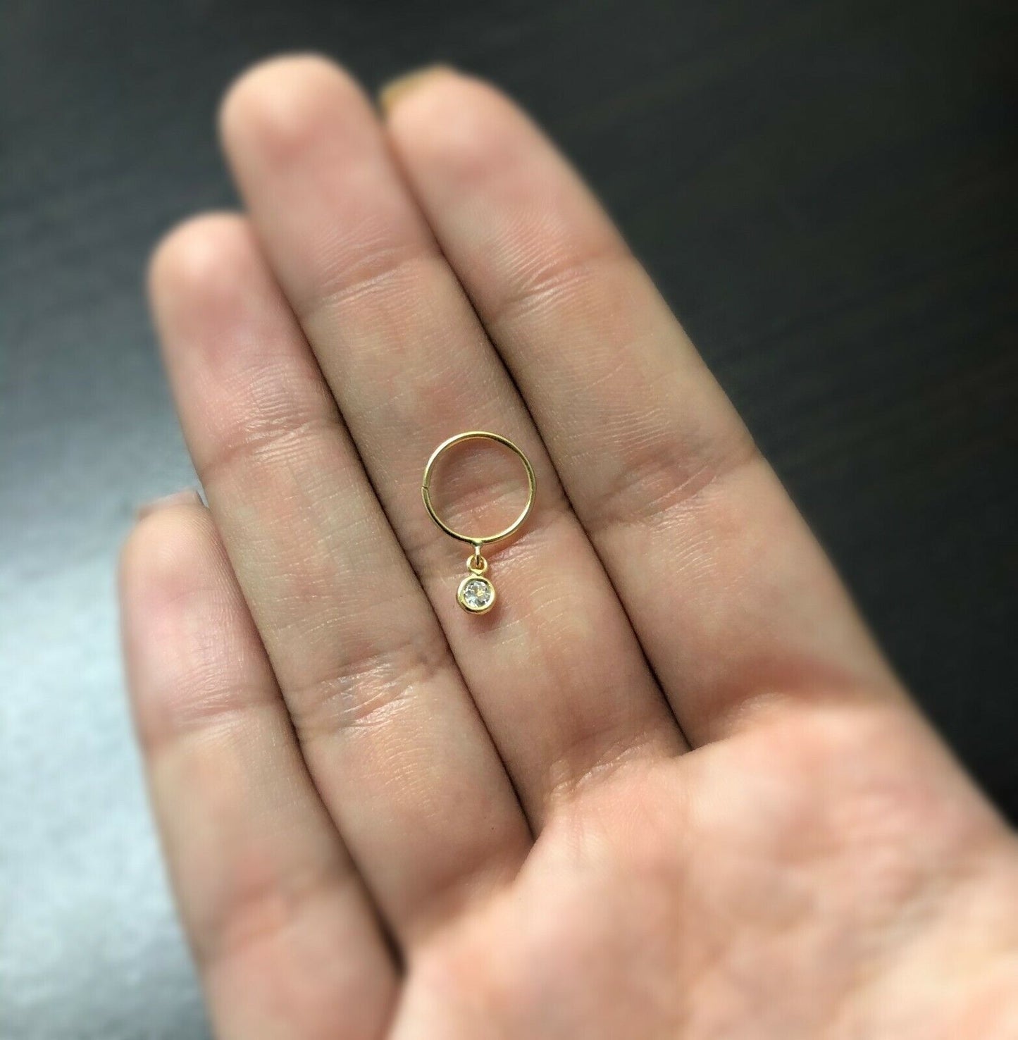 18k Solid Gold Drop Dangle Zircon 3 mm Cartilage Hoop Ring Ear Piercing for Teen