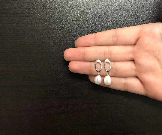 Freshwater White Pearl Drop Dangle Earrings 18k Solid White Gold for Women