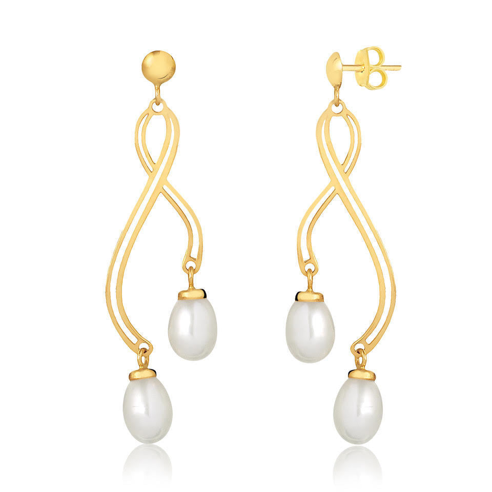 Double Cuff Freshwater Pearl Drop Dangle 18k Solid Yellow Gold Women Earrings