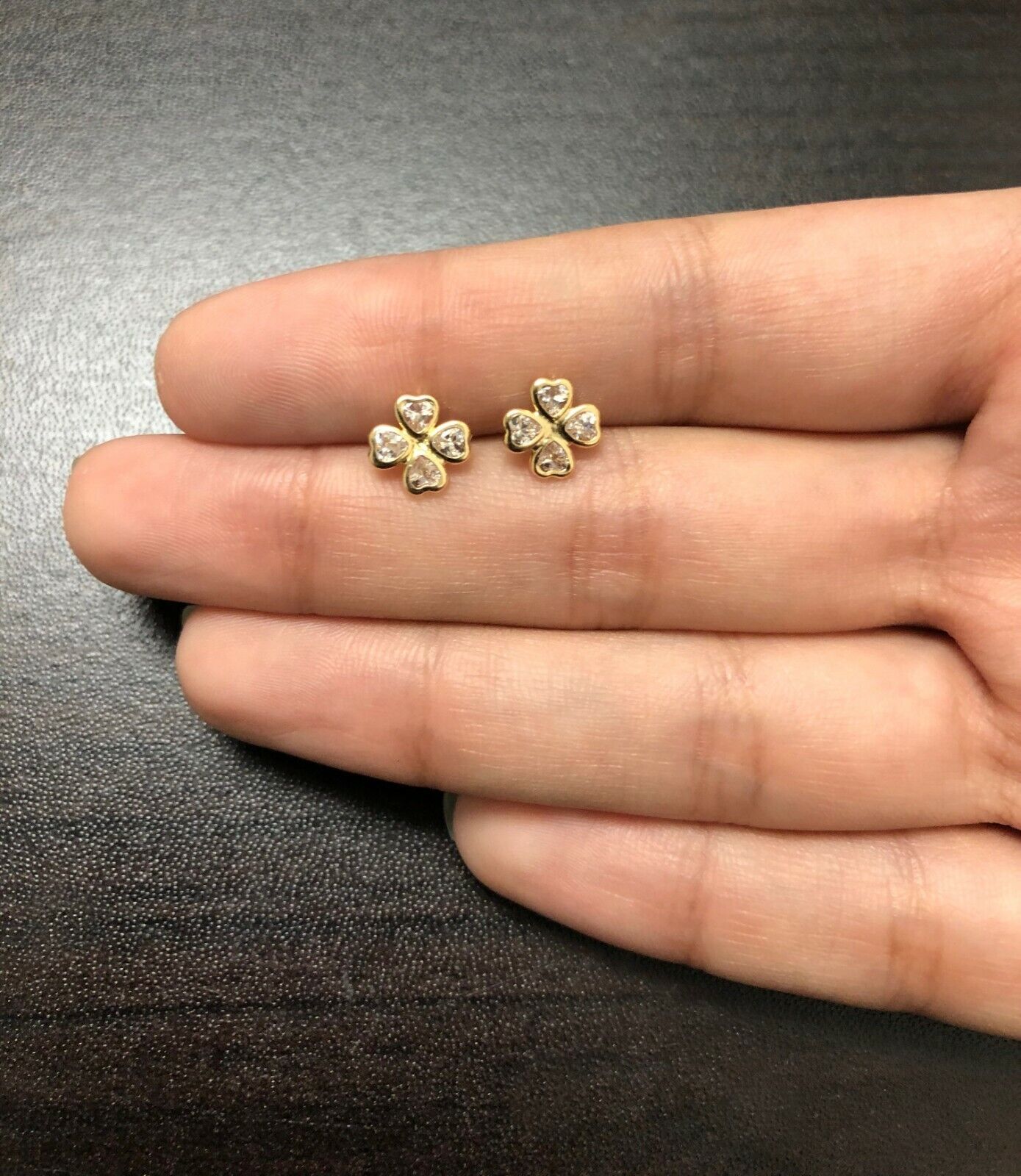 18K Solid Gold Clover Stud Earrings – Heart CZ Lucky Charm with Push Backs for Kids, Girls, or Toddlers