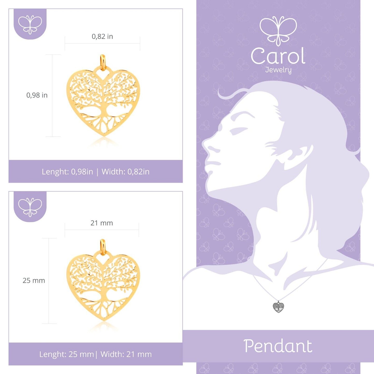 14k Solid Gold Family Tree of Life Heart Shaped charm for Chain for Women