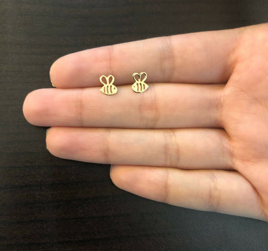 14k Gold Bee Earrings Small Jewelry Cute Studs with Push Backs