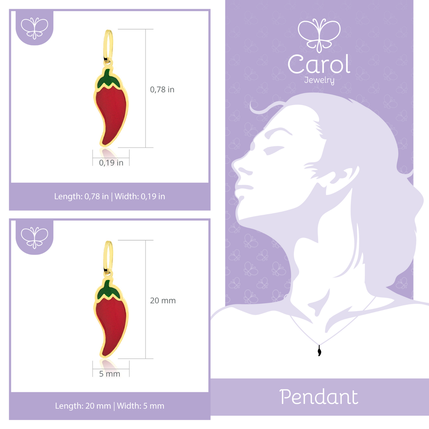 18k Solid Yellow Gold Red Enamel Chili Pepper charm for Chain for Women