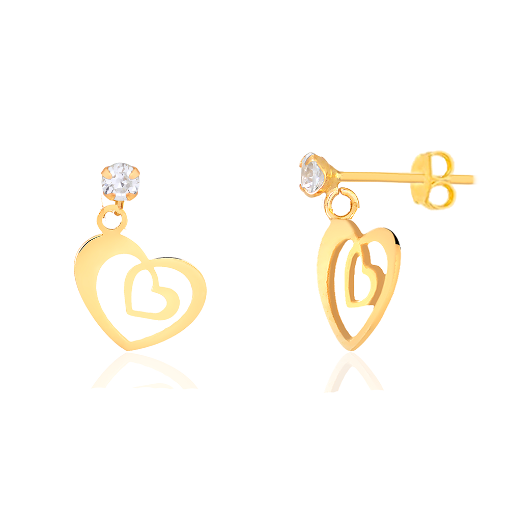 Double Heart 18k Yellow Gold Cubic Zircon Dangle Drop Stud Earrings for Girls