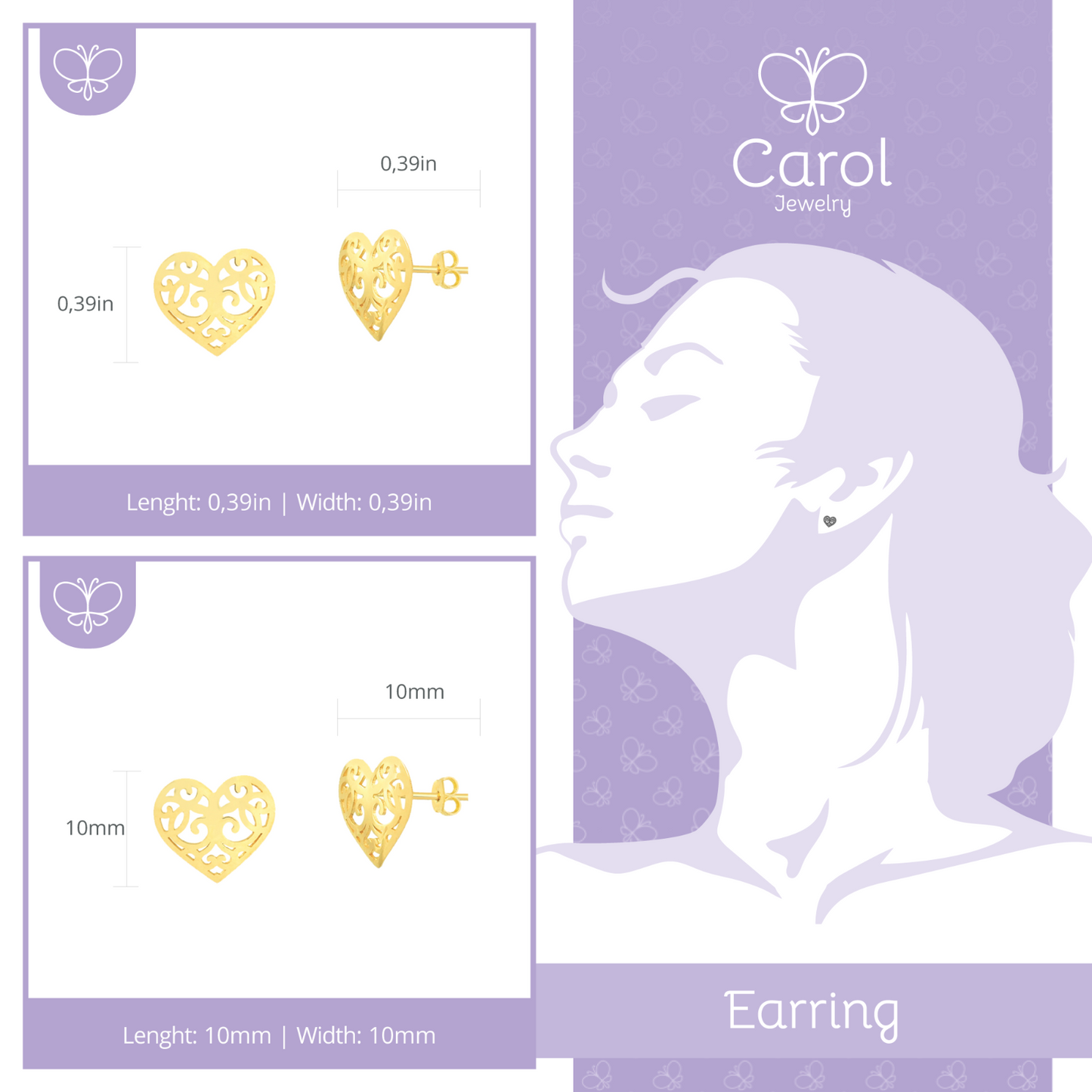 14k Solid Gold Heart Shaped Butterfly Backs Stud Earrings for Girls and Women