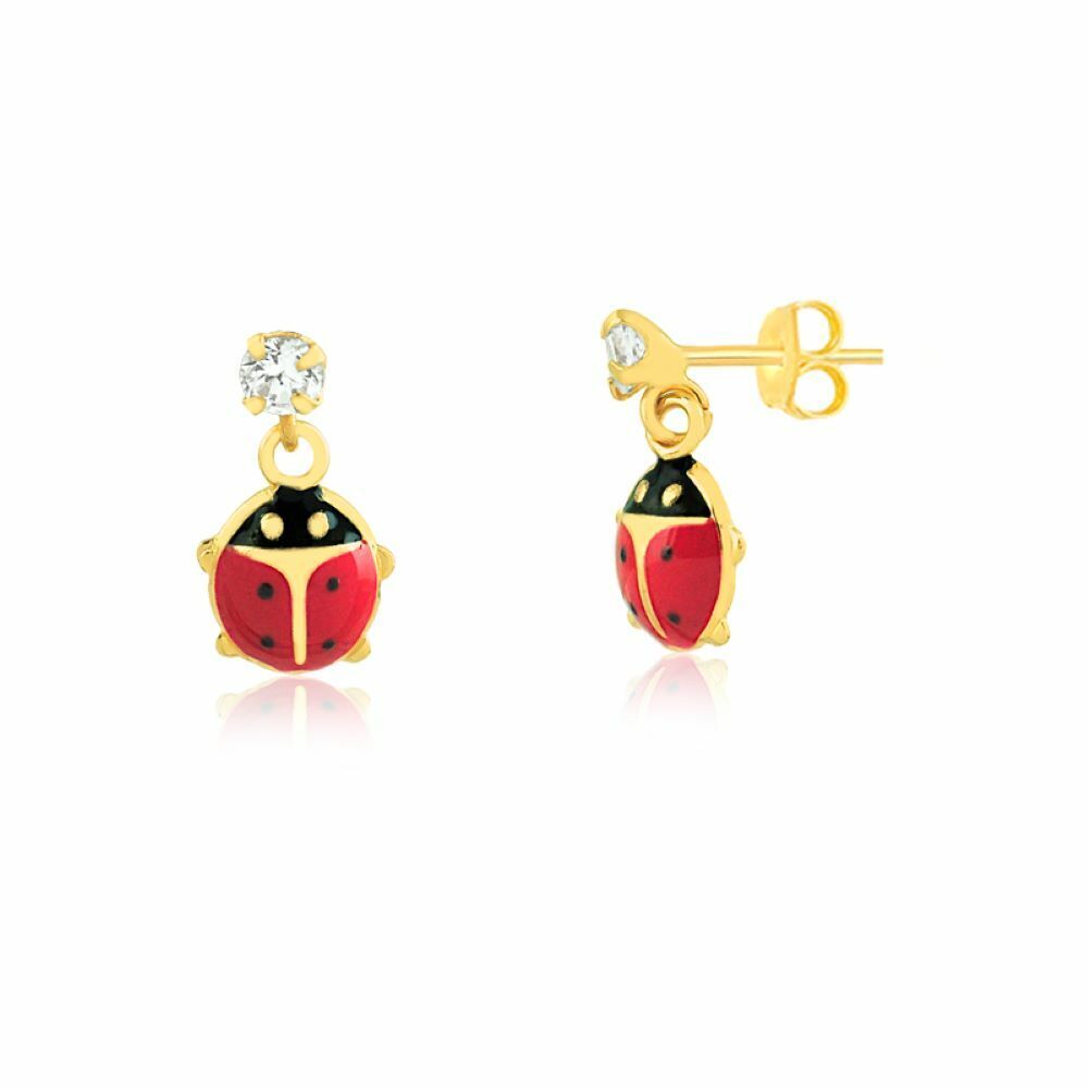 18k Gold CZ Ladybug Earrings for Toddlers Drop Style with Backs