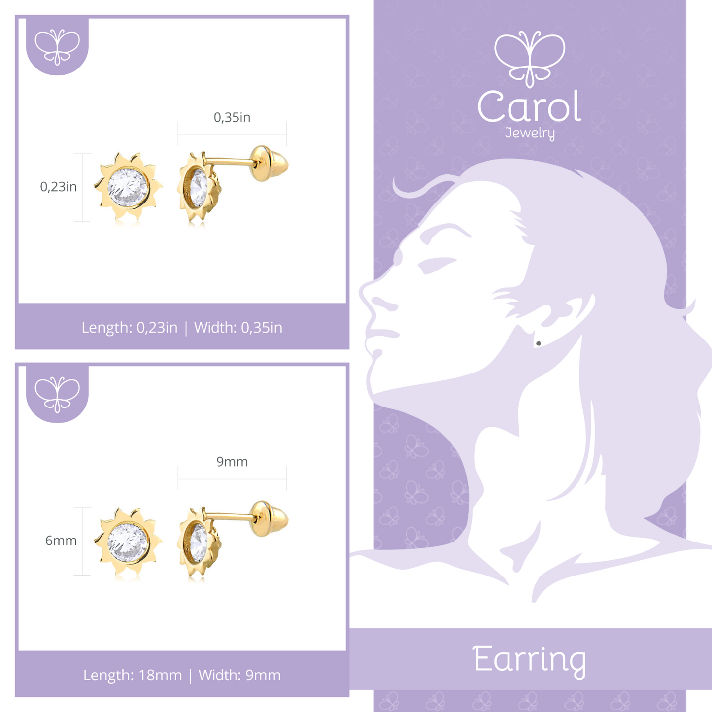14K Solid Yellow Gold Sun Stud Earrings Dainty CZ Sparkle Earrings with Butterfly Backs Gift for Women or Girls